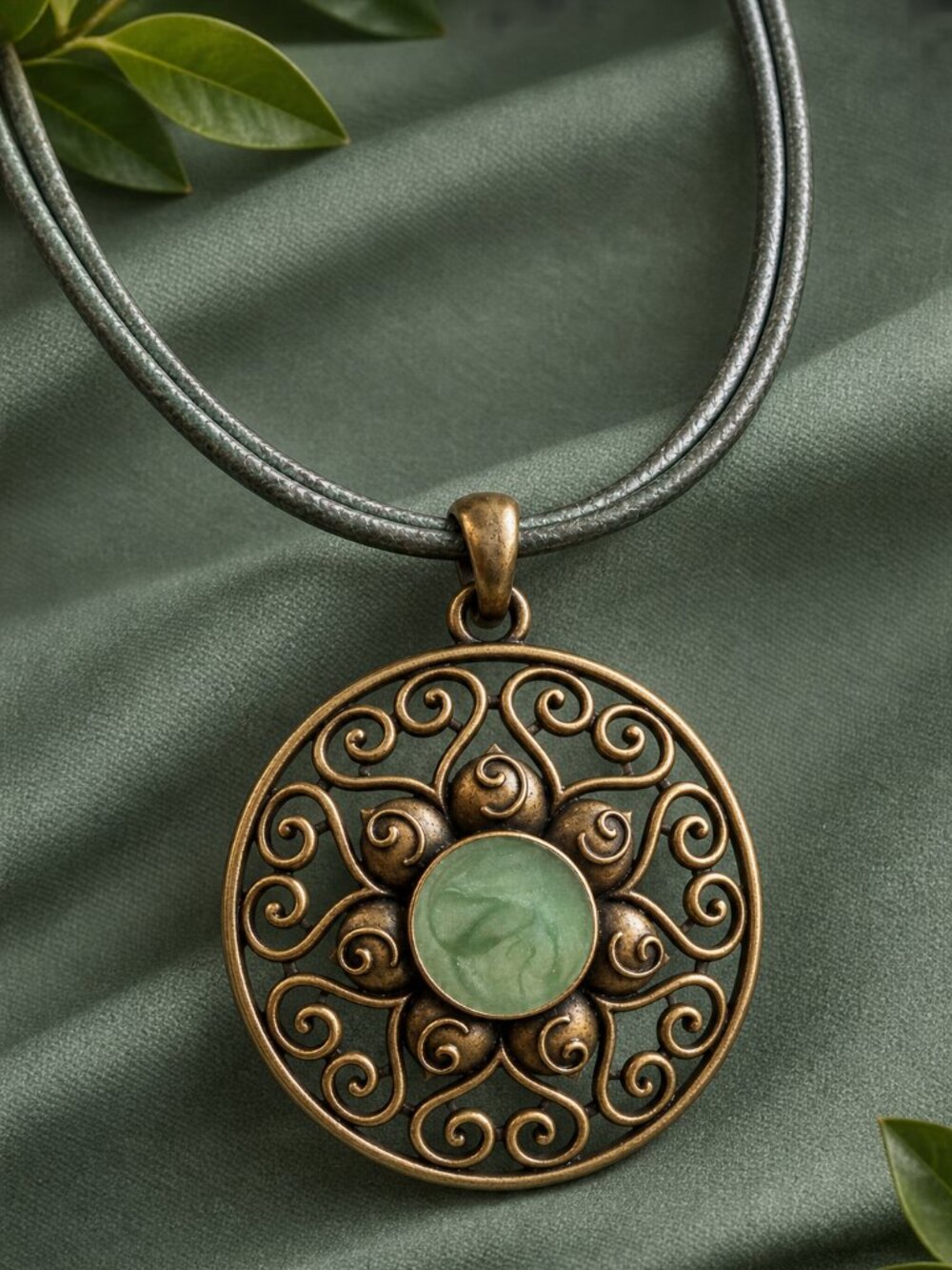 Bronze Tone Metal Medallion Necklace Green Swirl Enamel Gray Leather Double Cord